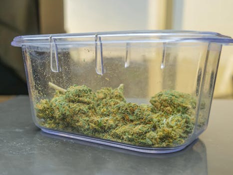 A close-up shot of cannabis buds stored in a clear glass container, highlighting the texture and color.