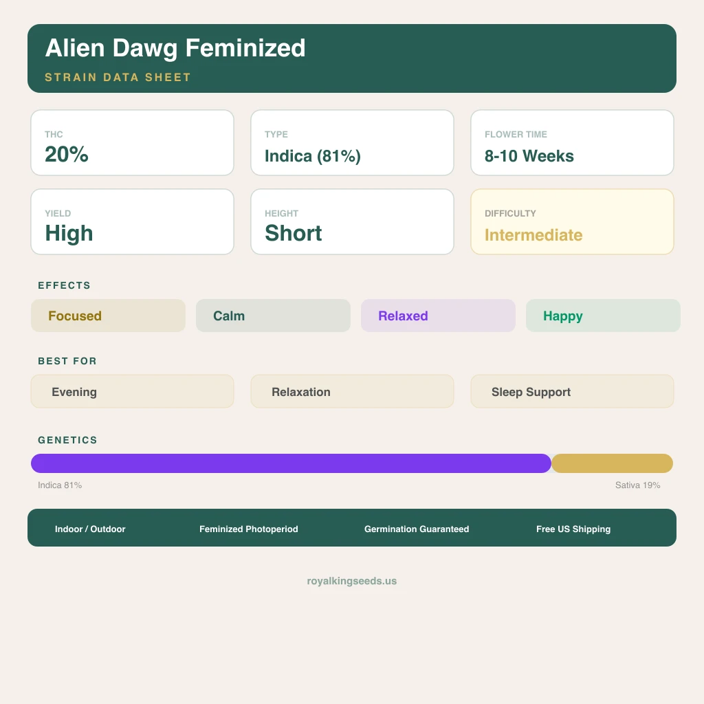 Alien Dawg 81% indica / 19% sativa flower with visible trichomes