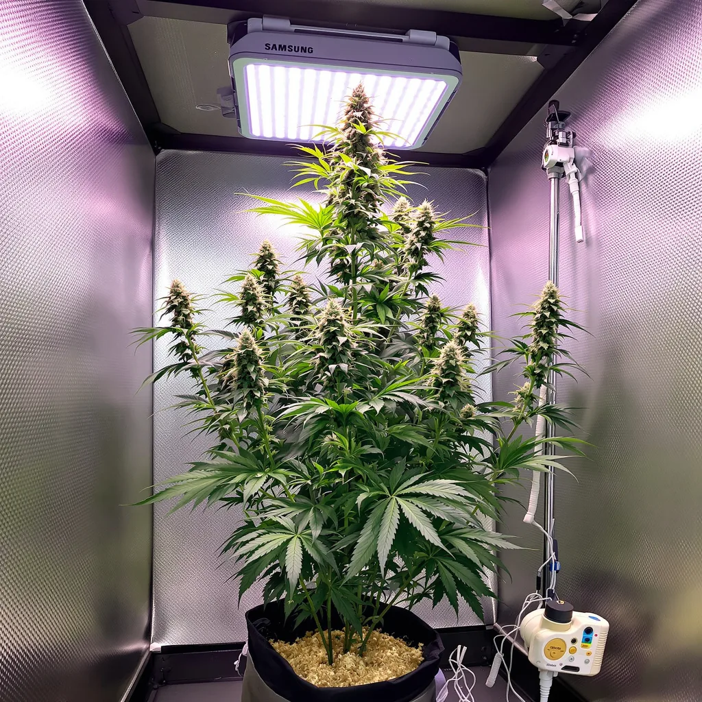 American Haze 16% indica / 84% sativa flower with visible trichomes