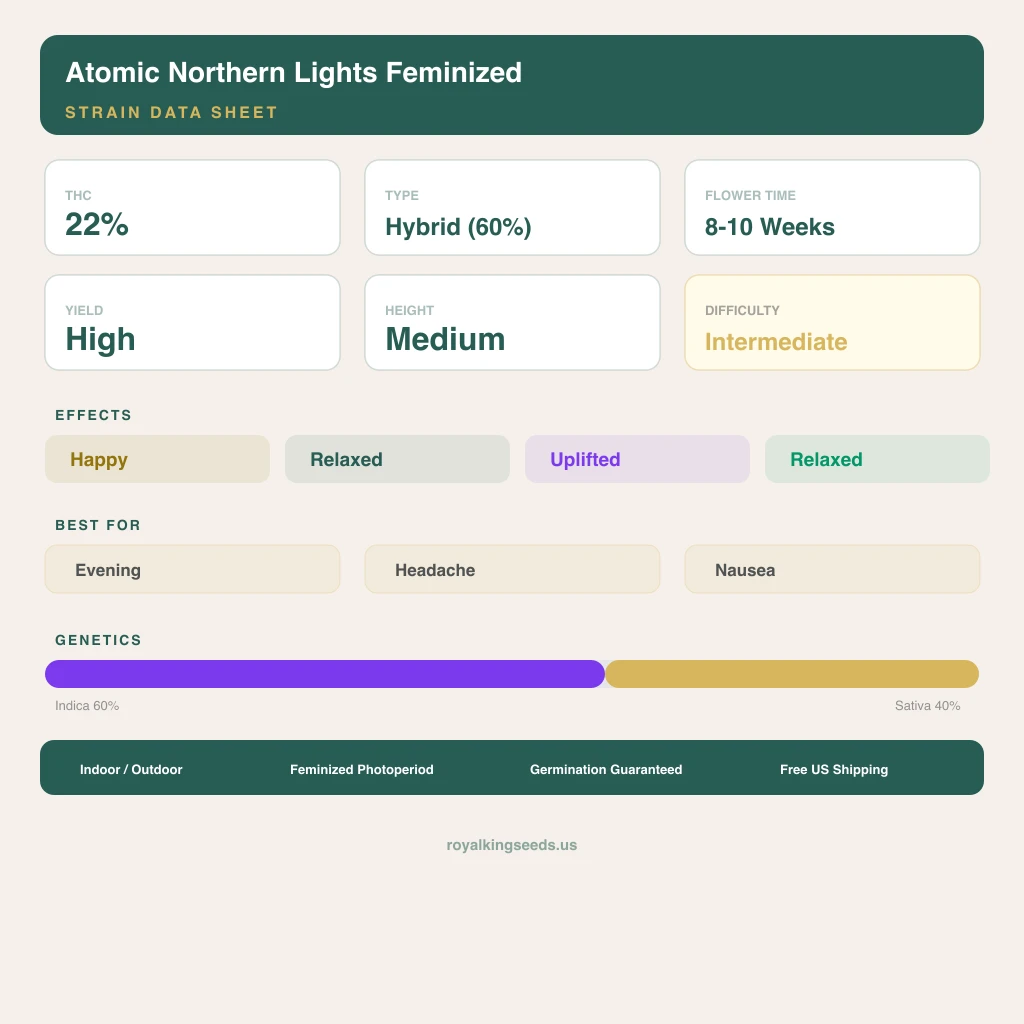 Atomic Northern Lights 60% indica / 40% sativa flower with visible trichomes