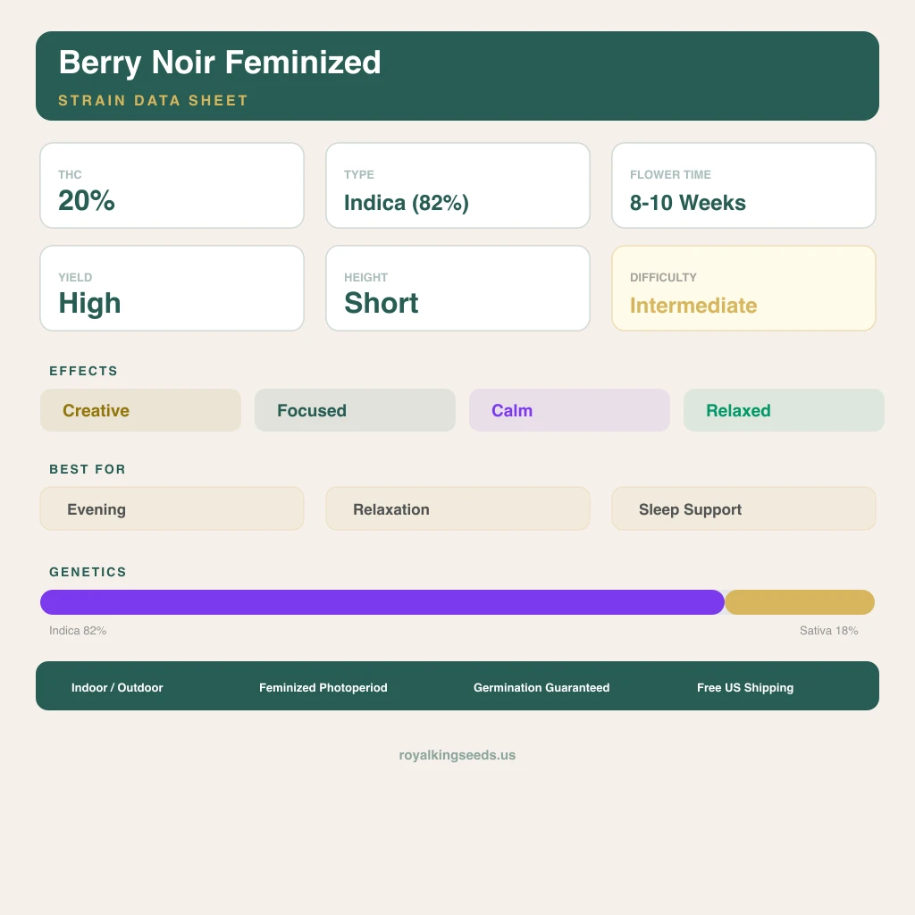 Berry Noir 82% indica / 18% sativa flower with visible trichomes