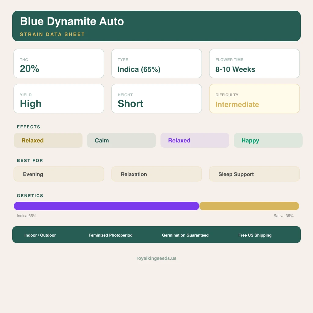 Blue Dynamite 65% indica / 35% sativa flower with visible trichomes