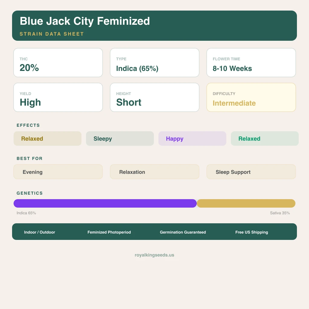 Blue Jack City 65% indica / 35% sativa flower with visible trichomes