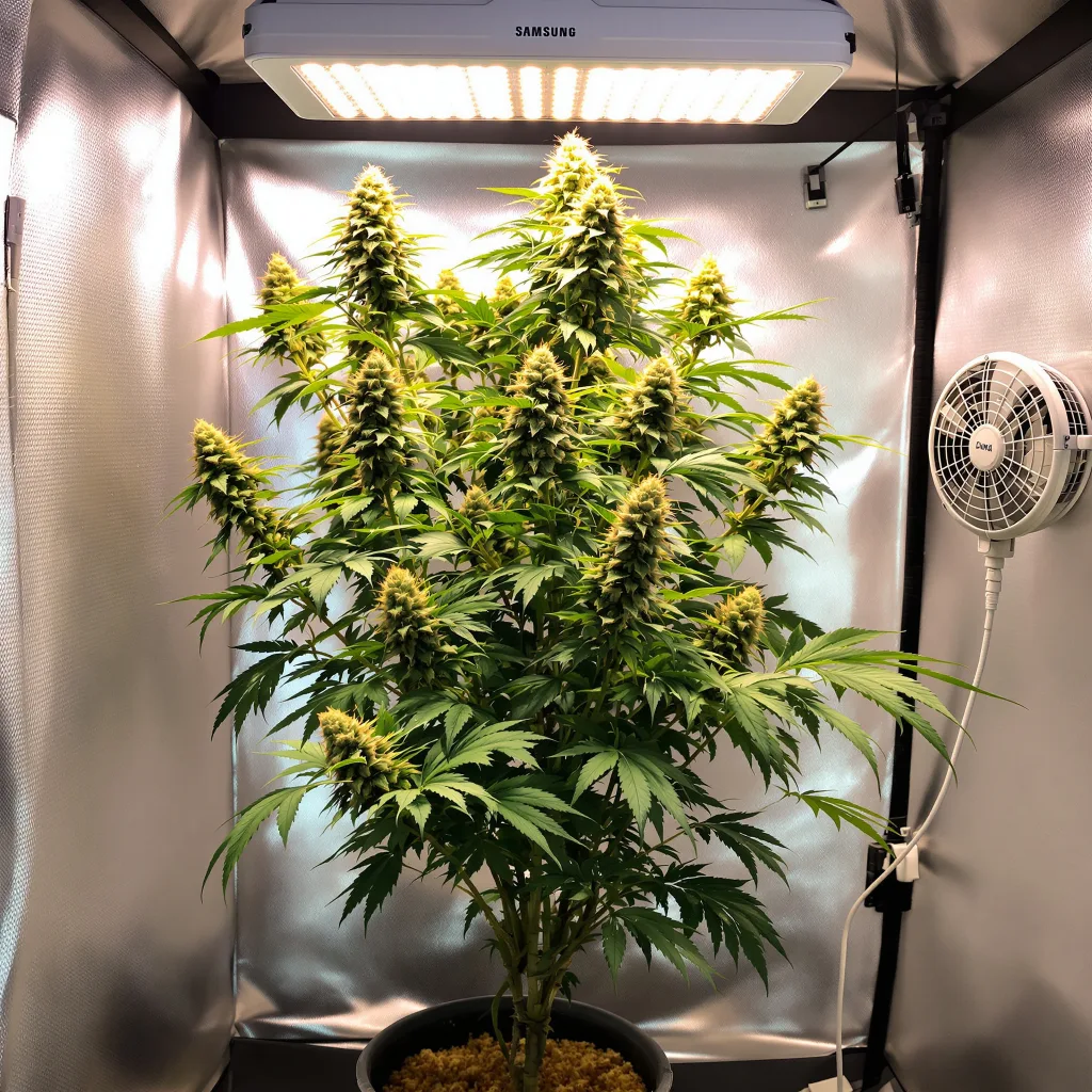 Blueberry AK 48% indica / 52% sativa flower with visible trichomes