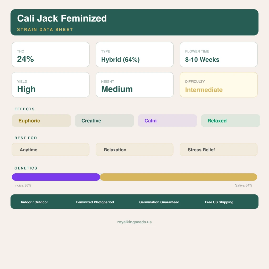 Cali Jack 36% indica / 64% sativa flower with visible trichomes