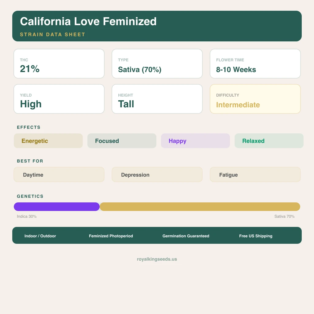 California Love 30% indica / 70% sativa flower with visible trichomes