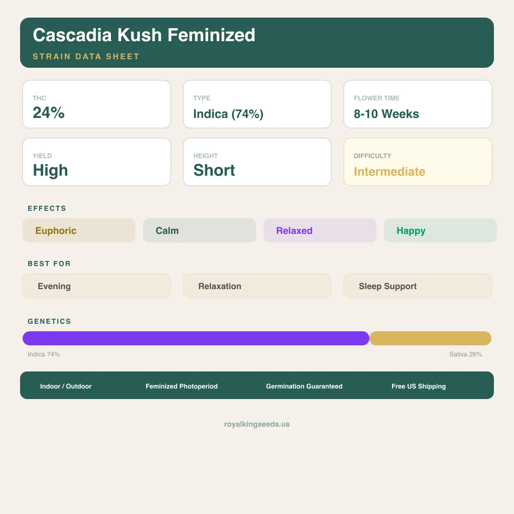 Cascadia Kush 74% indica / 26% sativa flower with visible trichomes