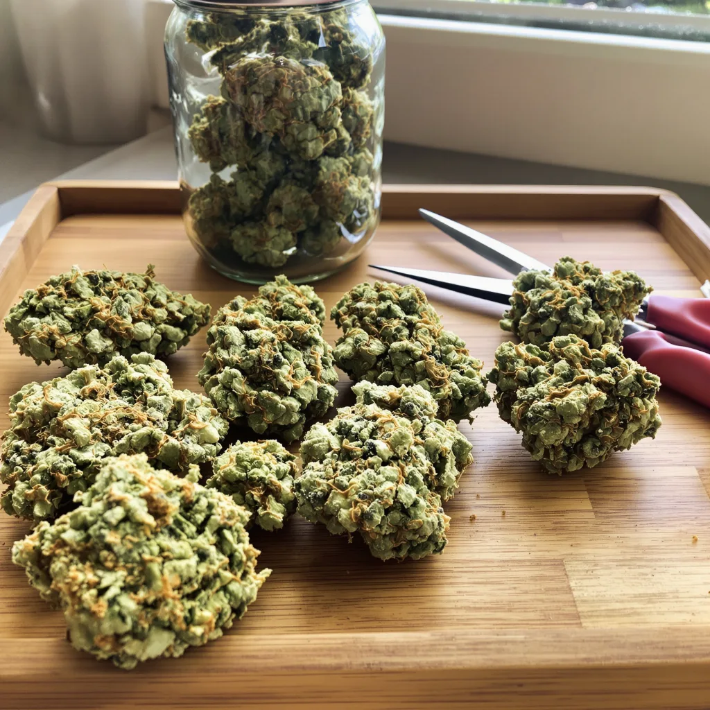 CBD Cream &amp; Cheese 40% indica / 60% sativa flower with visible trichomes
