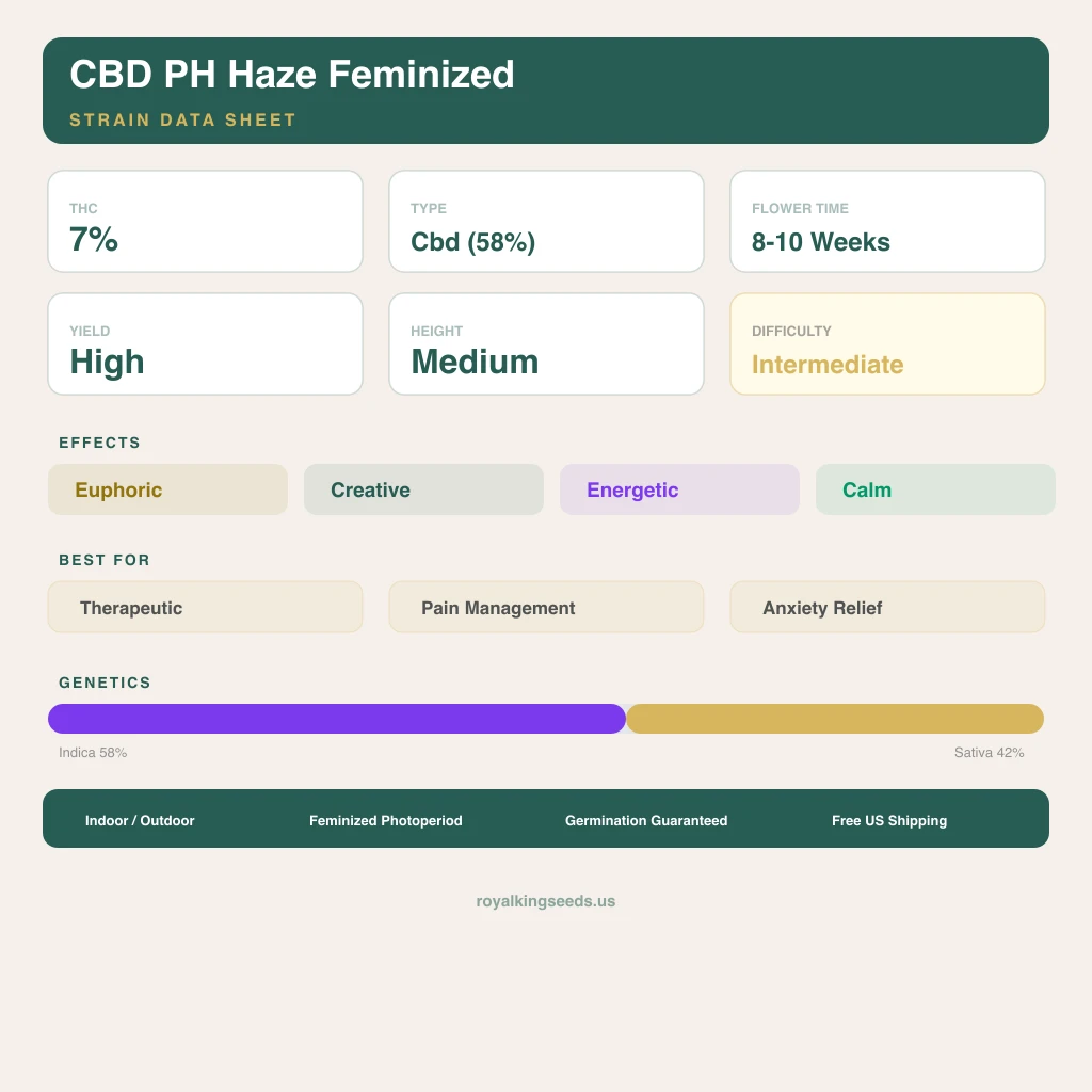CBD PH Haze 58% indica / 42% sativa flower with visible trichomes