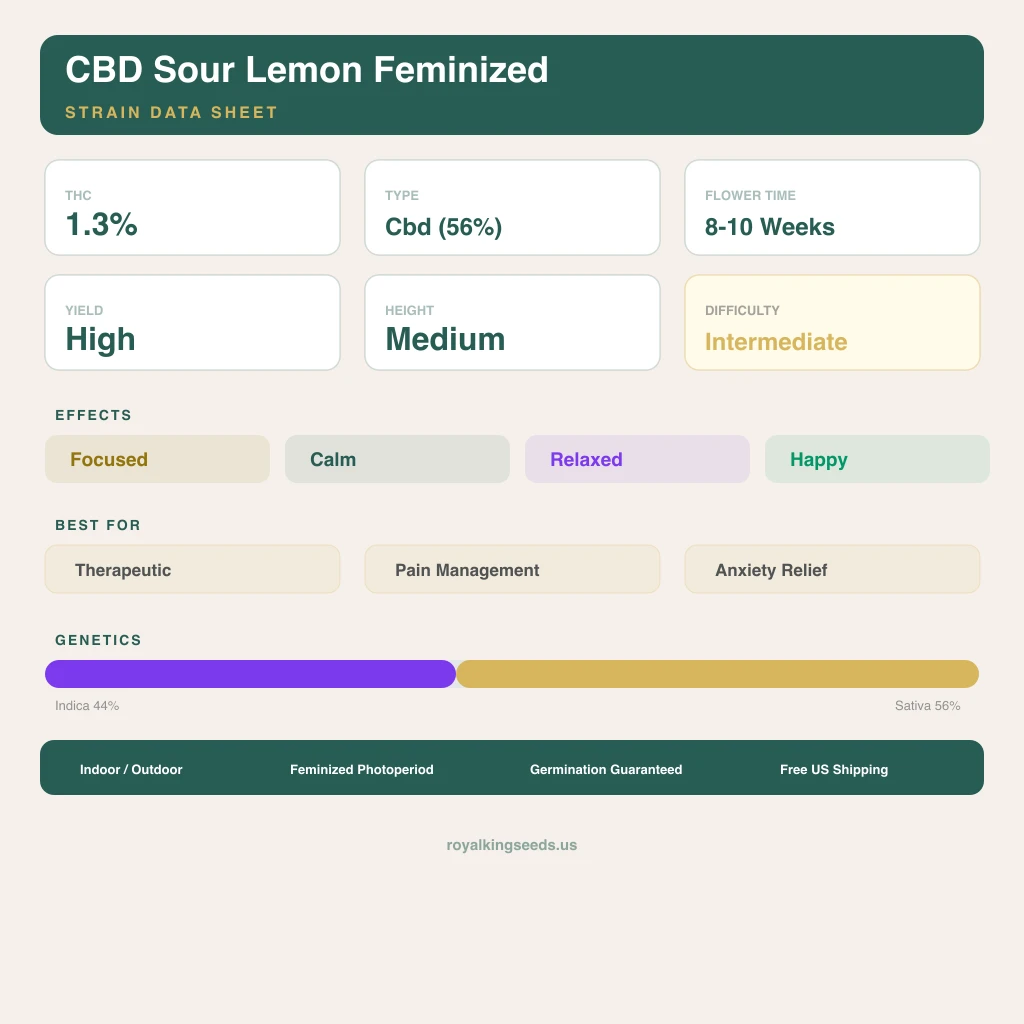 CBD Sour Lemon 44% indica / 56% sativa flower with visible trichomes
