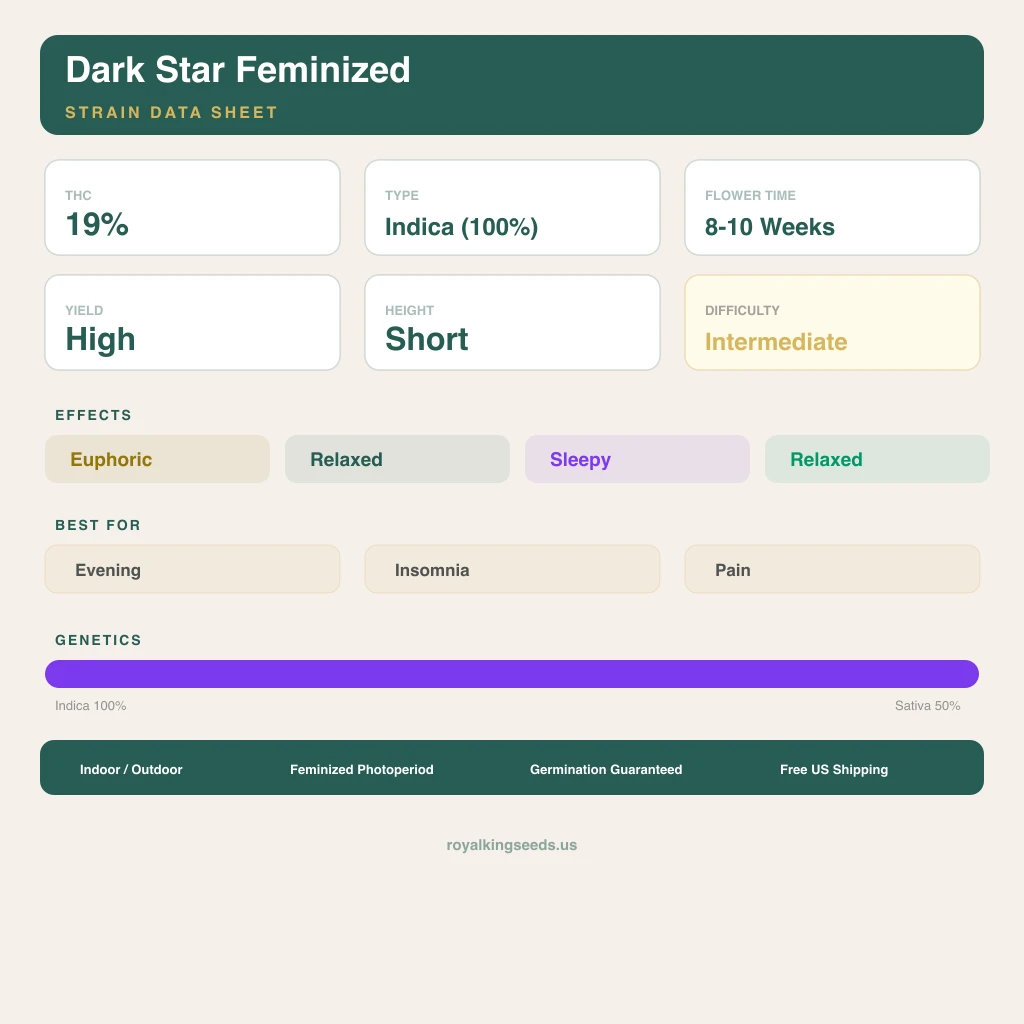Dark Star 100% indica / 50% sativa flower with visible trichomes
