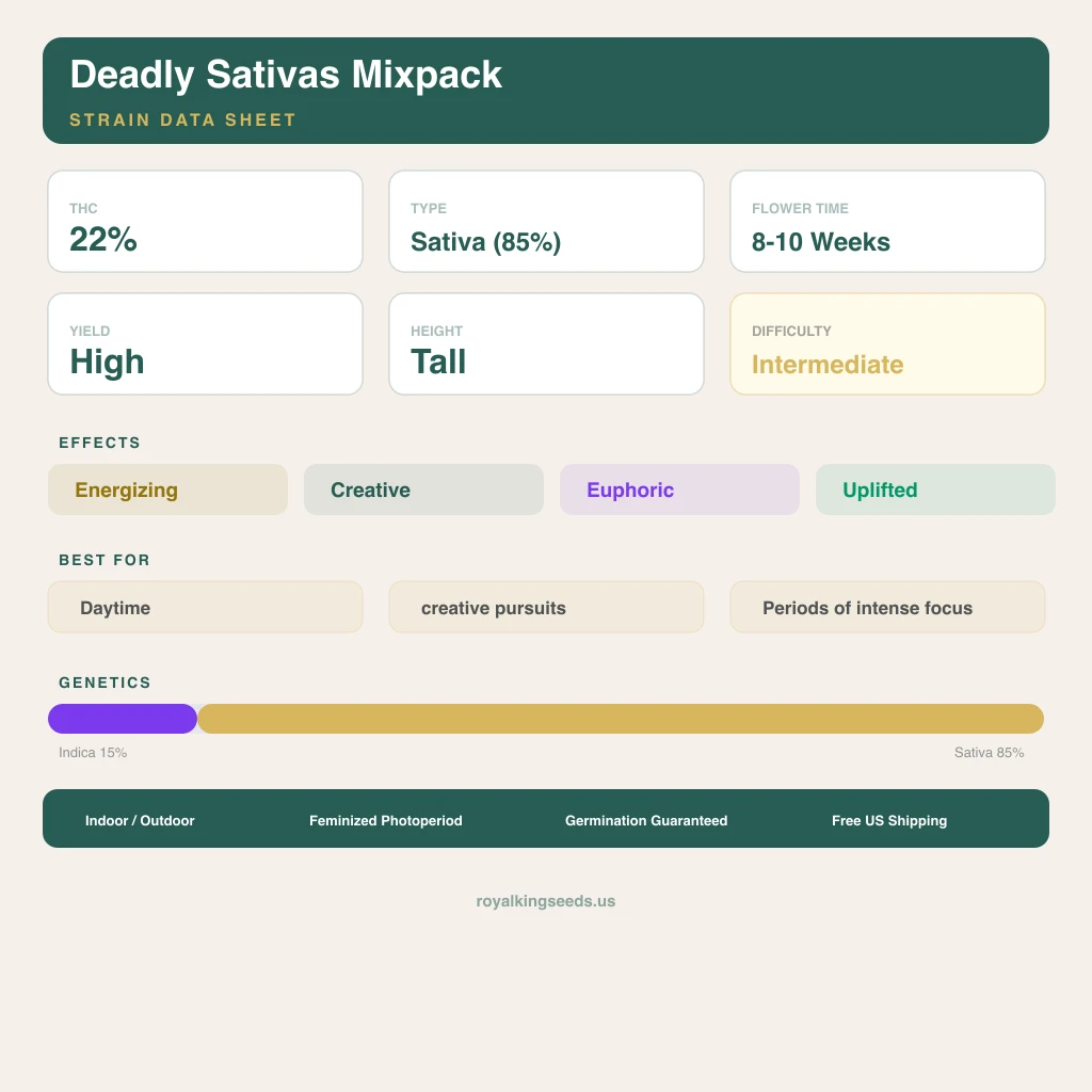 Deadly Sativas Mixpack 15% indica / 85% sativa flower with visible trichomes