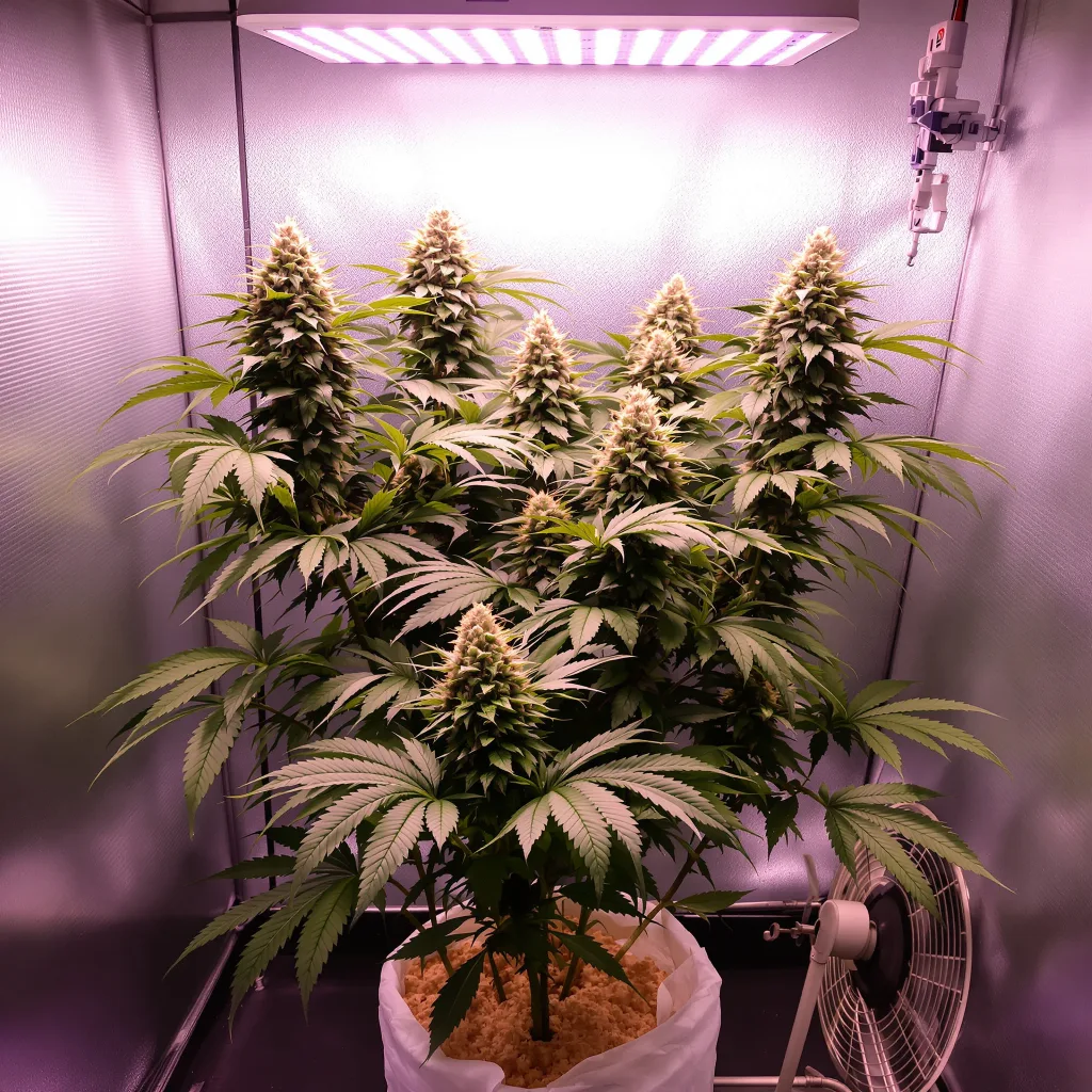 Double Purple Doja 68% indica / 32% sativa flower with visible trichomes