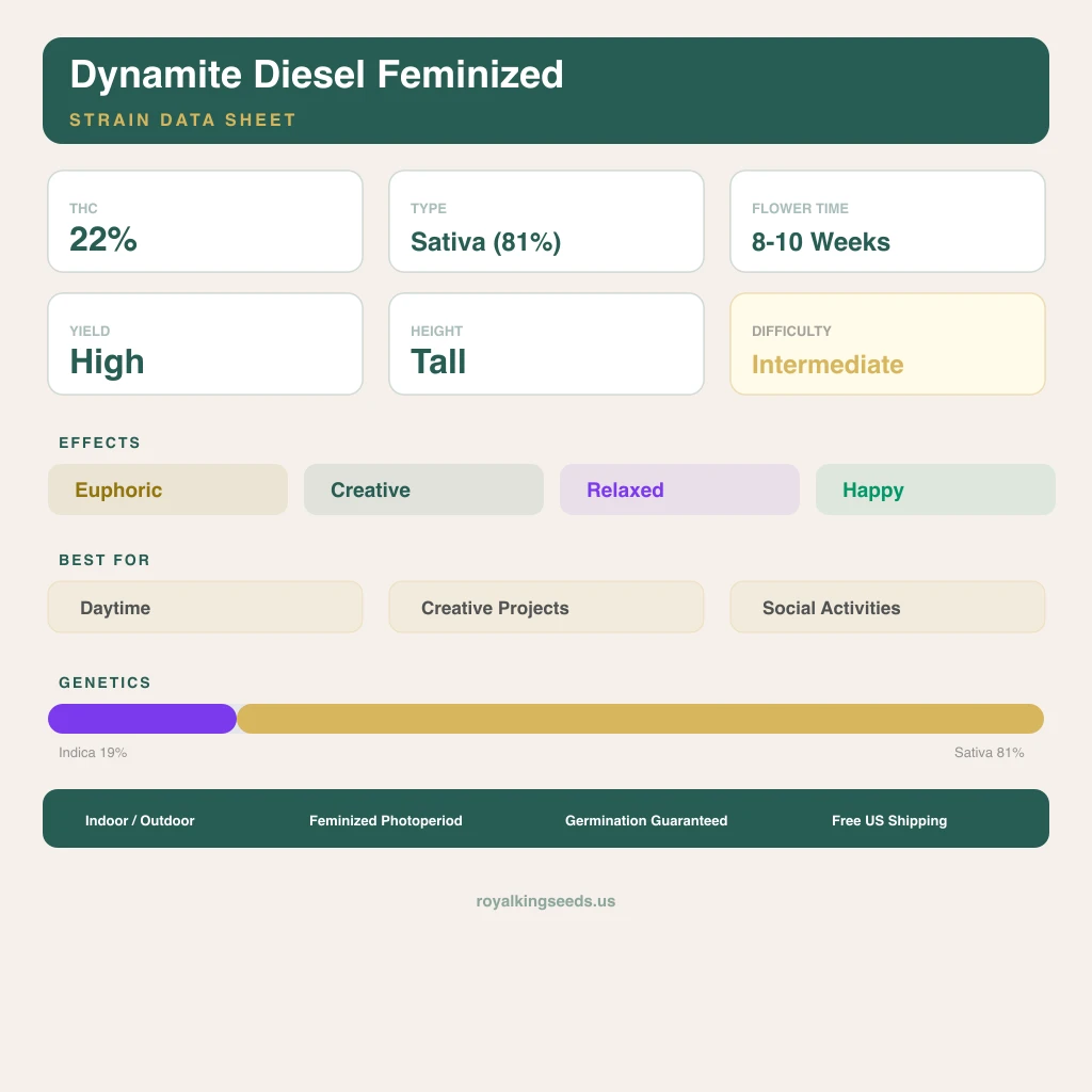 Dynamite Diesel 19% indica / 81% sativa flower with visible trichomes