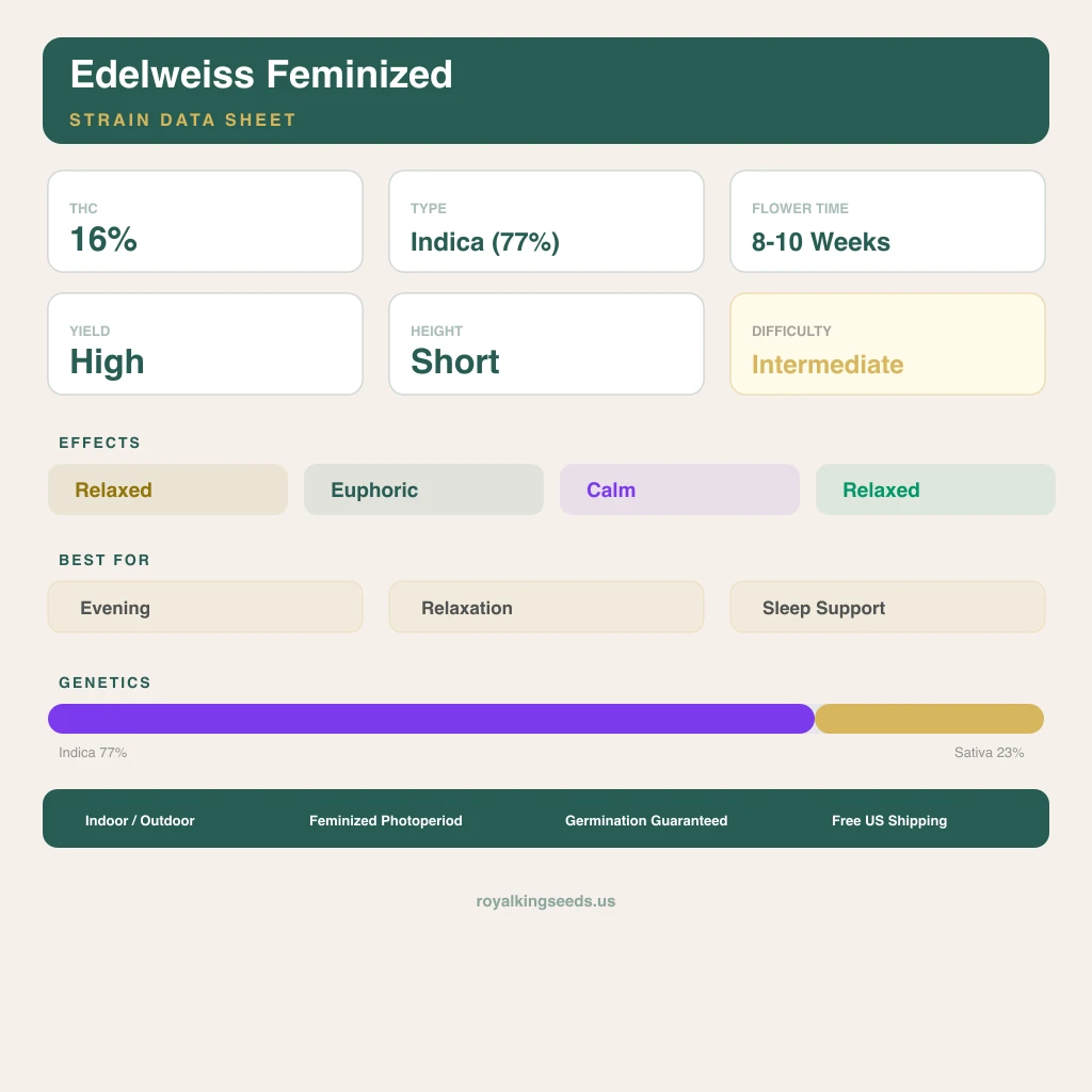 Edelweiss 77% indica / 23% sativa flower with visible trichomes
