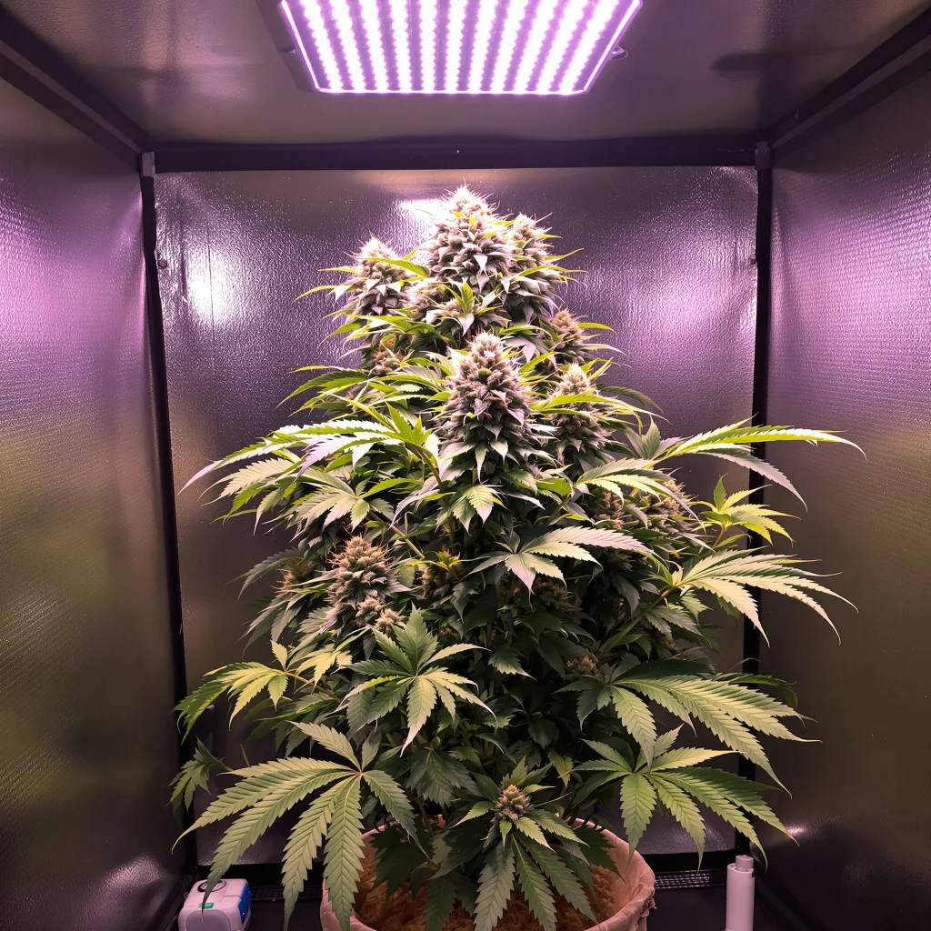Fat Purple 74% indica / 26% sativa flower with visible trichomes