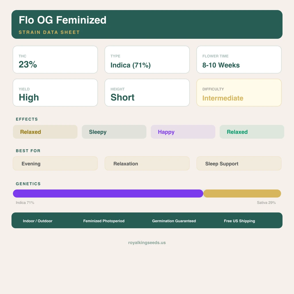 Flo OG 71% indica / 29% sativa flower with visible trichomes