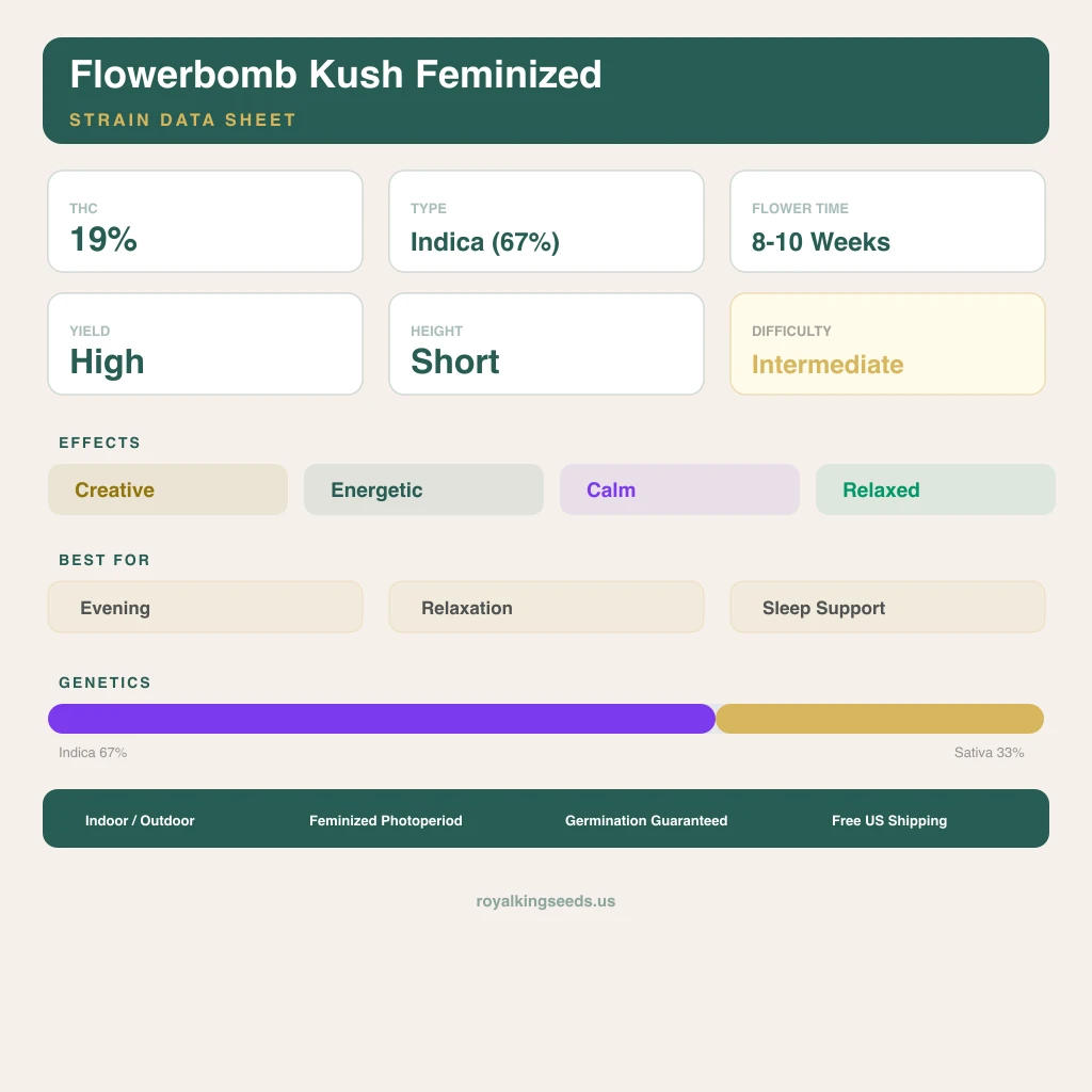 Flowerbomb Kush 67% indica / 33% sativa flower with visible trichomes