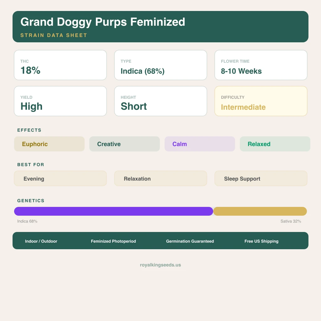 Grand Doggy Purps 68% indica / 32% sativa flower with visible trichomes
