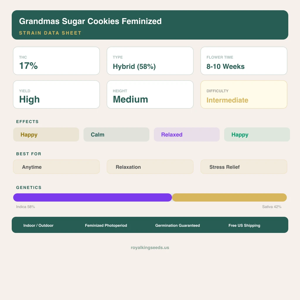 Grandmas Sugar Cookies 58% indica / 42% sativa flower with visible trichomes