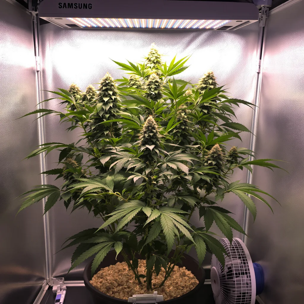 Grandmommy Purple 76% indica / 24% sativa flower with visible trichomes