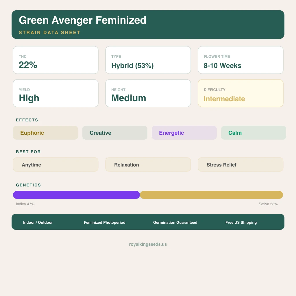 Green Avenger 47% indica / 53% sativa flower with visible trichomes