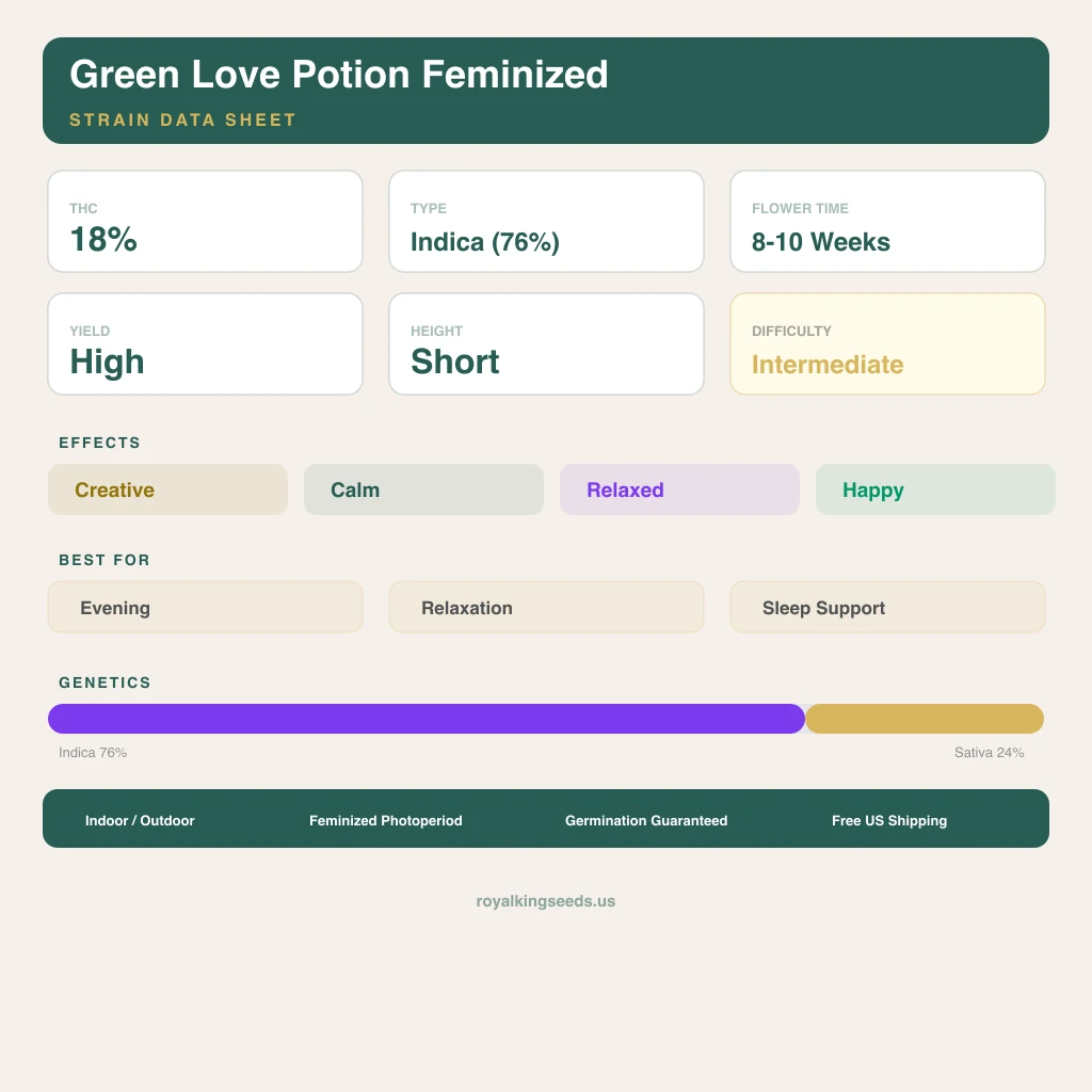 Green Love Potion 76% indica / 24% sativa flower with visible trichomes