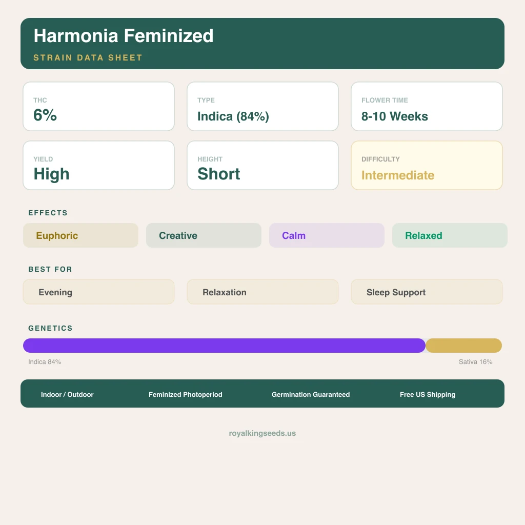 Harmonia 84% indica / 16% sativa flower with visible trichomes