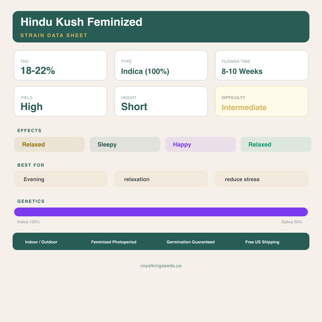 Hindu Kush 100% indica / 50% sativa flower with visible trichomes