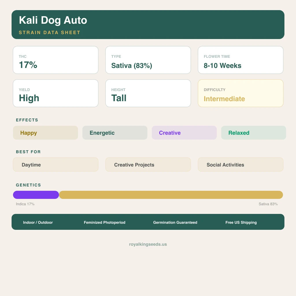 Kali Dog 17% indica / 83% sativa flower with visible trichomes