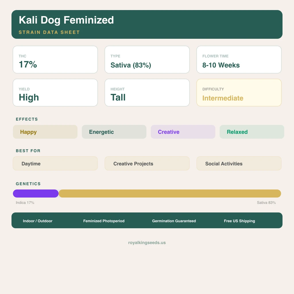 Kali Dog 17% indica / 83% sativa flower with visible trichomes