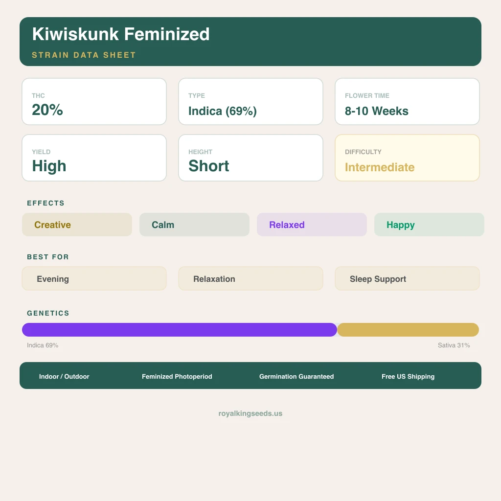 Kiwiskunk 69% indica / 31% sativa flower with visible trichomes