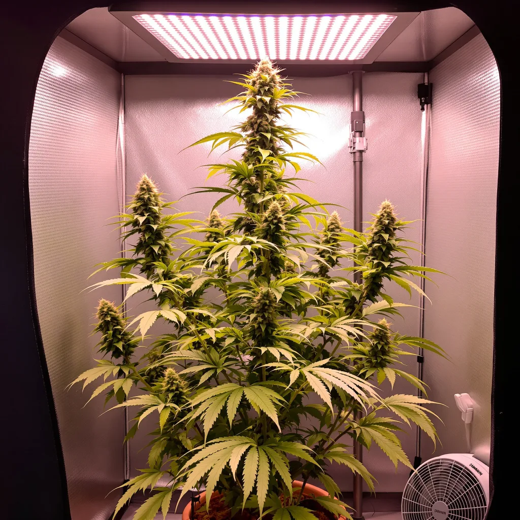 Laughing Buddha 20% indica / 80% sativa flower with visible trichomes