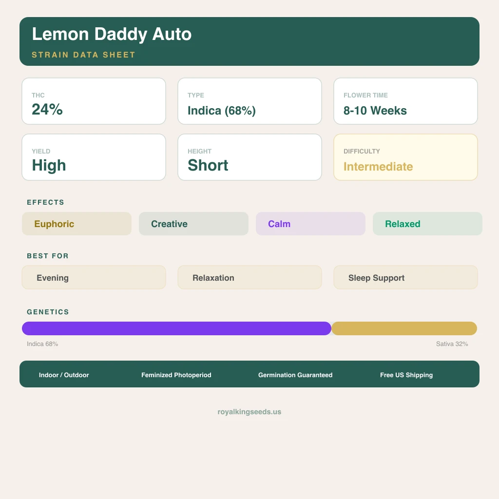 Lemon Daddy 68% indica / 32% sativa flower with visible trichomes