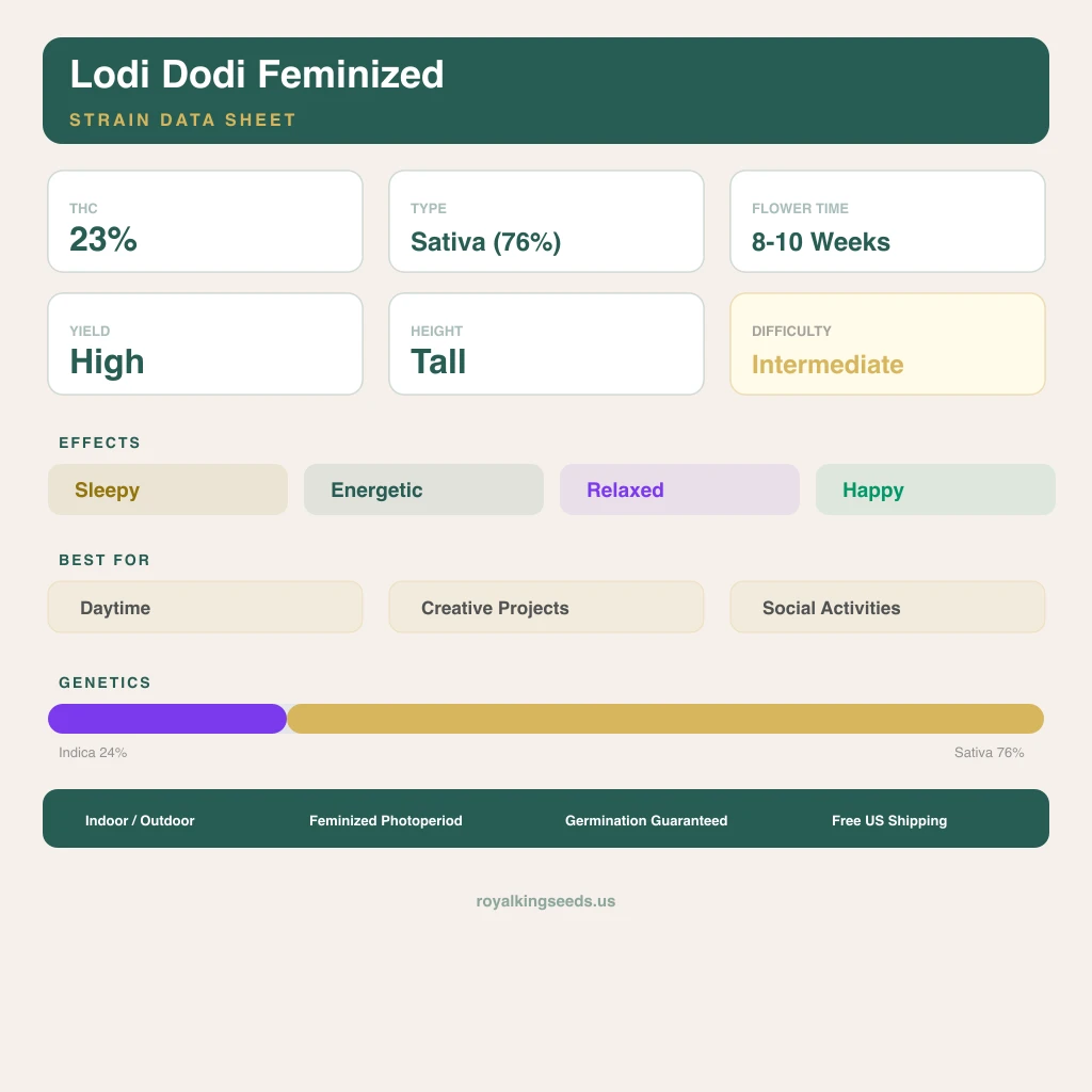 Lodi Dodi 24% indica / 76% sativa flower with visible trichomes