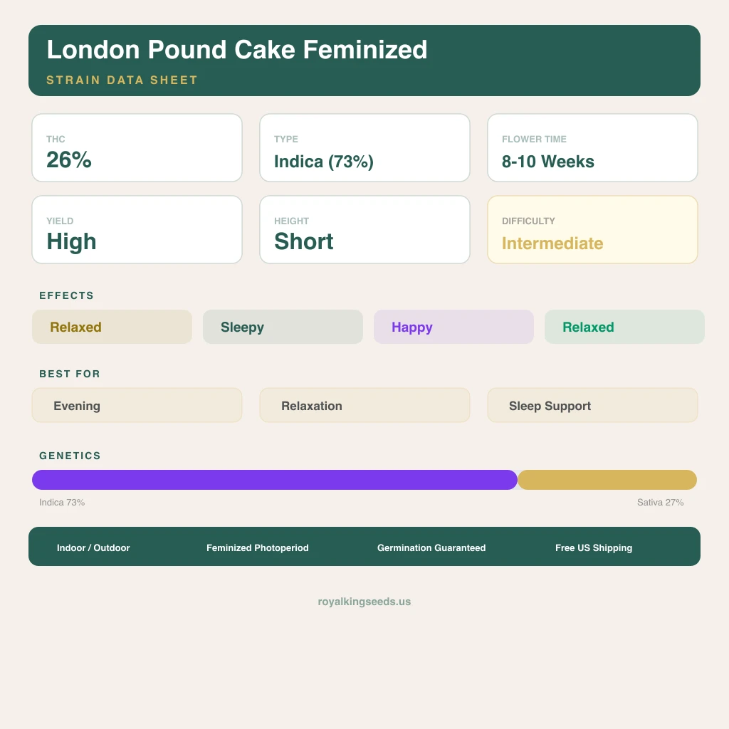 London Pound Cake 73% indica / 27% sativa flower with visible trichomes