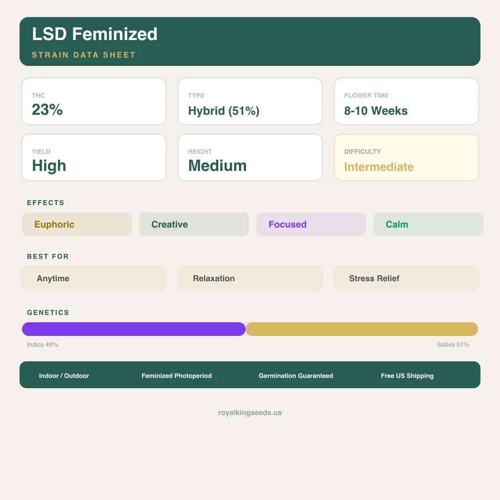 LSD 49% indica / 51% sativa flower with visible trichomes