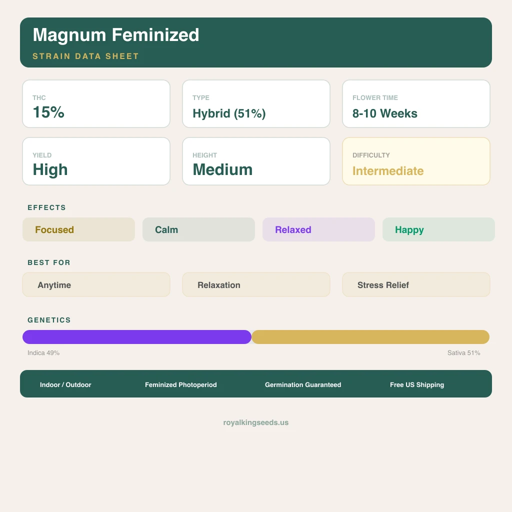 Magnum 49% indica / 51% sativa flower with visible trichomes