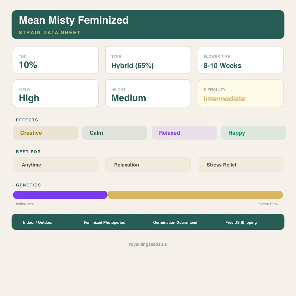 Mean Misty 35% indica / 65% sativa flower with visible trichomes