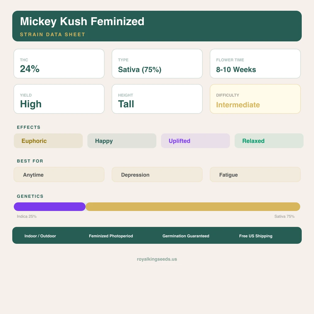 Mickey Kush 25% indica / 75% sativa flower with visible trichomes