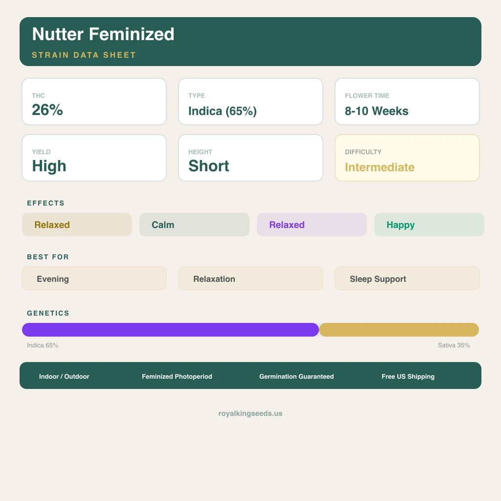 Nutter 65% indica / 35% sativa flower with visible trichomes