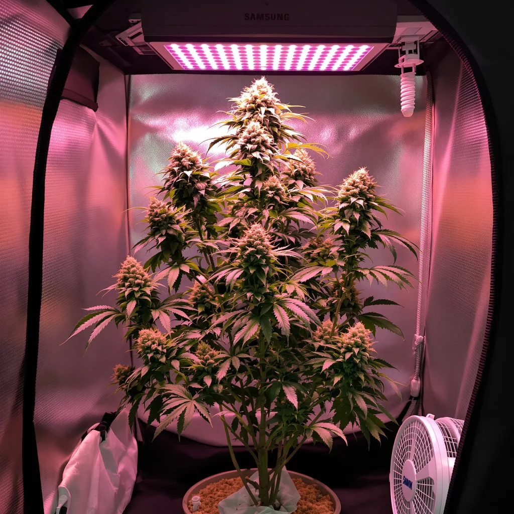 Peanut Butter Breath 50% indica / 50% sativa flower with visible trichomes