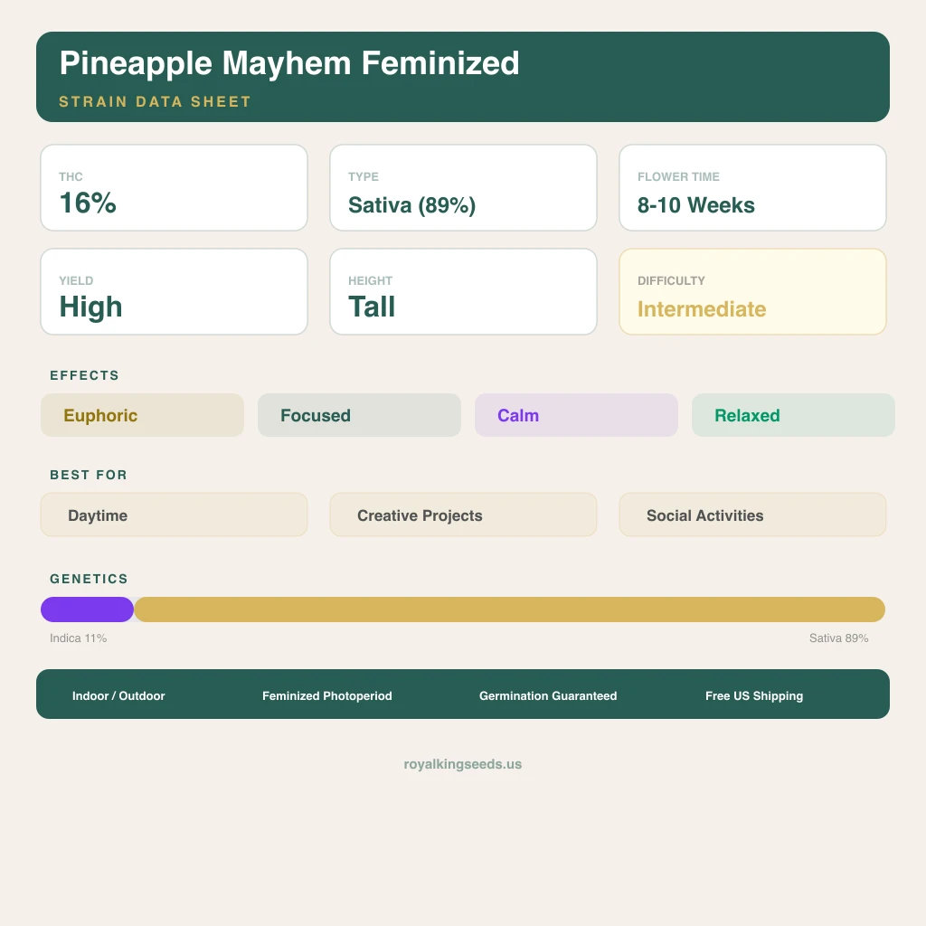 Pineapple Mayhem 11% indica / 89% sativa flower with visible trichomes
