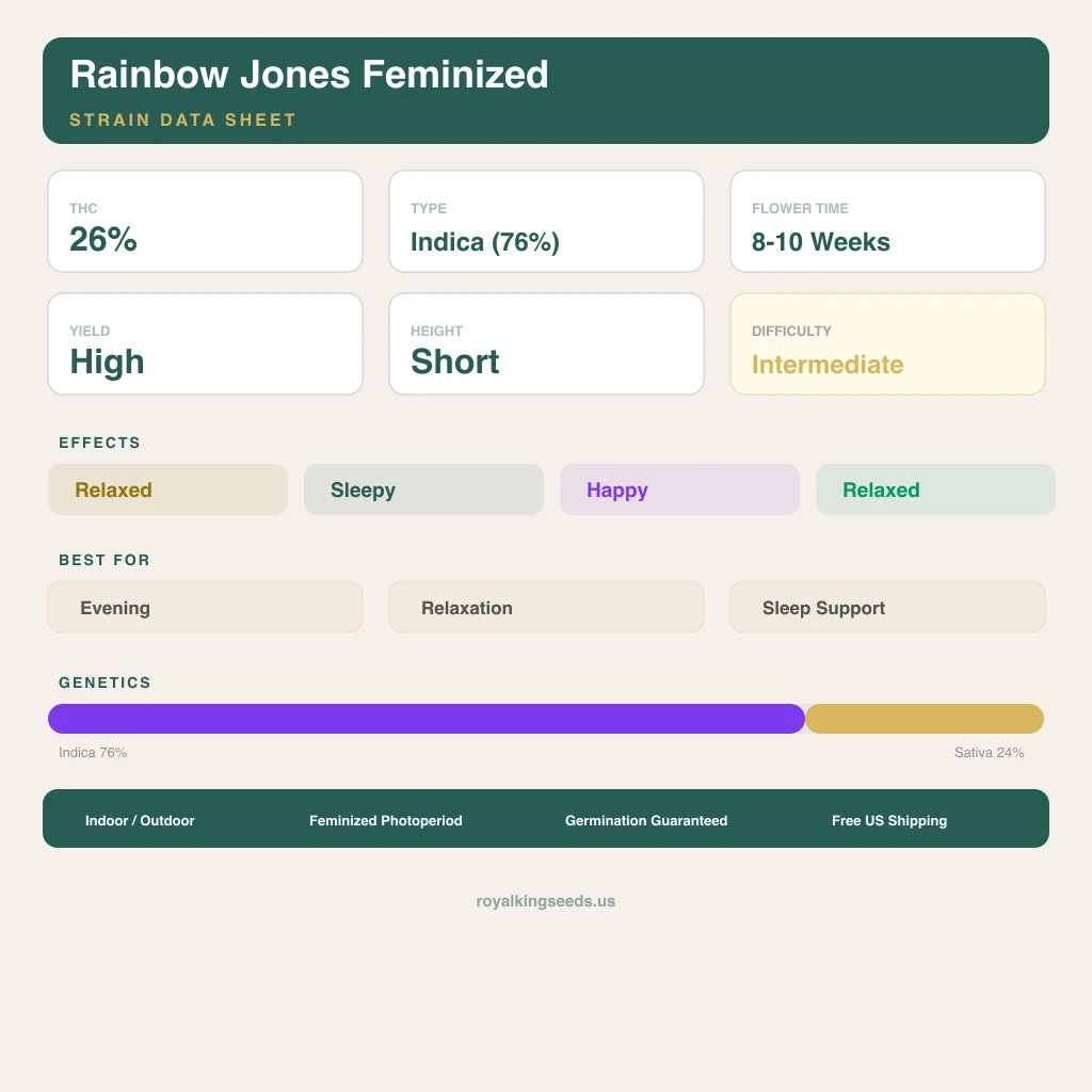 Rainbow Jones 76% indica / 24% sativa flower with visible trichomes