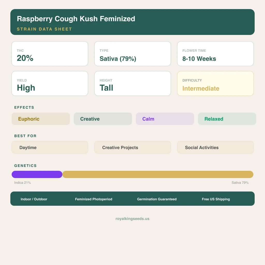 Raspberry Cough Kush 21% indica / 79% sativa flower with visible trichomes