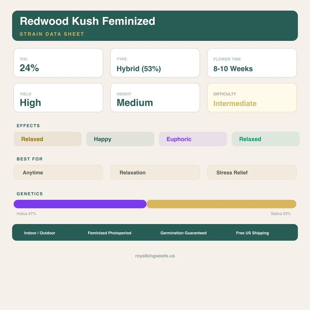 Redwood Kush 47% indica / 53% sativa flower with visible trichomes