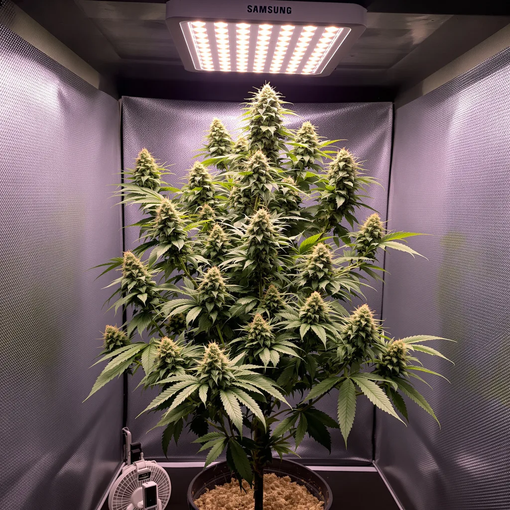 Shiatsu Kush 50% indica / 50% sativa flower with visible trichomes