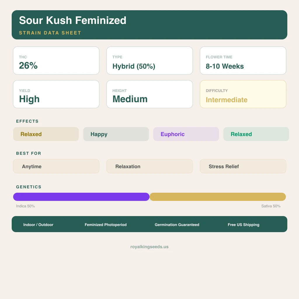 Sour Kush 50% indica / 50% sativa flower with visible trichomes