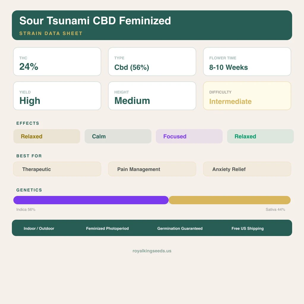 Sour Tsunami CBD 56% indica / 44% sativa flower with visible trichomes