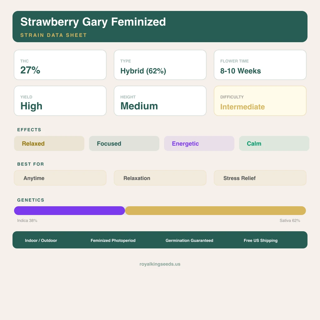 Strawberry Gary 38% indica / 62% sativa flower with visible trichomes